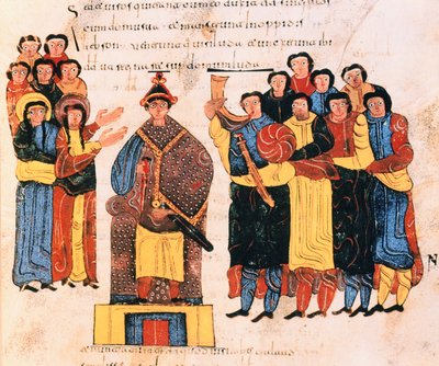 Davide è proclamato re davanti al popolo di Giuda, dalla Bibbia Visigota-Mozarabica di San Isidoro, fol.125r., A.D. 960 da Spanish School