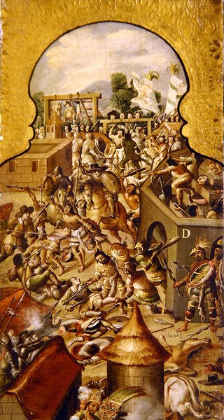 Rappresentazione delle atrocità commesse durante la conquista del Tempio Maggiore e della piazza Zocalo da Spanish School