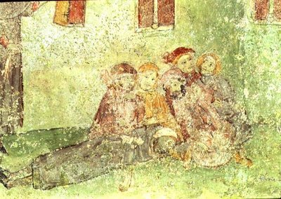 (dettaglio) Lavoratori che costruiscono un tempio, affresco sotto il coro della Chiesa di Santa Maria di Lluca da Spanish School