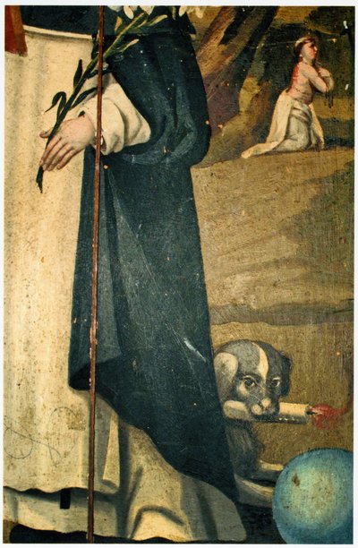 (dettaglio) che mostra il giglio, il bastone e il cane con la torcia, attributi di San Domenico da Spanish School
