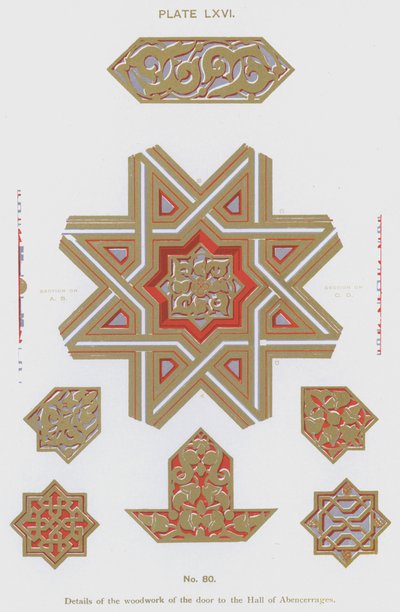 Dettagli del legno della porta della Sala degli Abencerrages (litografia a colori) da Spanish School