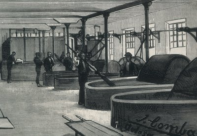 Economia (XIX secolo). Fabbrica di carta in Spagna "La Guipuzcoana". Sala dei cilindri e lavanderia della fabbrica situata a Tolosa (Guipuzcoa). Incisione da Spanish School