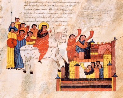Ingresso del re Davide a Gerusalemme al suono delle trombe, dalla Bibbia Visigota-Mozarabica di San Isidoro, fol.135r., A.D. 960 da Spanish School