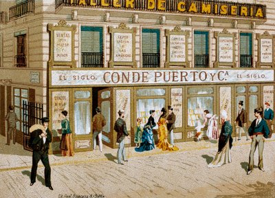 Moda: manifesto pubblicitario per il negozio di tessuti "Conde Puerto" boutique Barcellona. XIX secolo da Spanish School