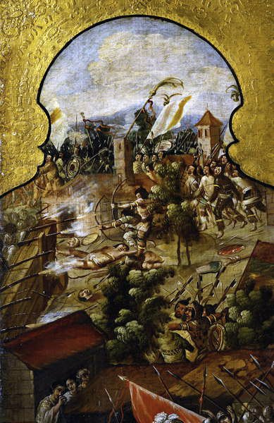 Combattimenti tra spagnoli e indigeni fuori dal castello di Chapultepec da Spanish School