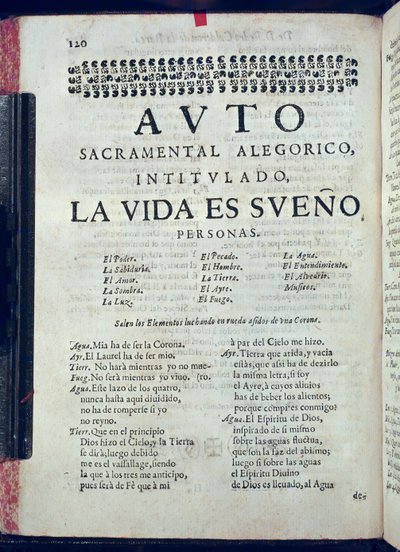 Prima pagina di La Vida es Sueno da Los Autos Sacramentales di Pedro Calderon de la Barca (1600-81) a cura di Juan Garcia Infanzon, 1690 da Spanish School