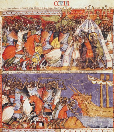 Fol.108r I Troiani invadono il campo greco e danno fuoco alle navi greche, dal Codice Benito de Santa Mora da Spanish School