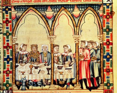 Fol.16v Banchetto di fidanzamento, dal manoscritto realizzato sotto la direzione di Alfonso X Il Saggio Re di Castiglia e León da Spanish School