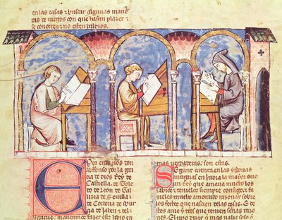 Fol.1v Costruttori di tavoli da gioco, dal Libro dei giochi, scacchi, dadi e tavole, 1282 da Spanish School