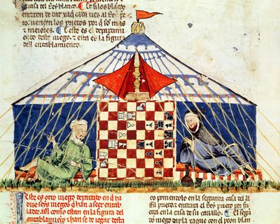 Fol.62v Due arabi che giocano a scacchi in una tenda, dal Libro dei Giochi, Scacchi, Dadi e Tavole da Spanish School