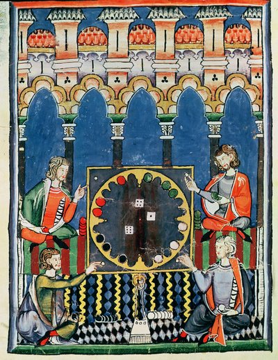 Fol.89v Quattro giocatori di backgammon arabi, dal Libro dei giochi, scacchi, dadi e tavole, 1282 da Spanish School