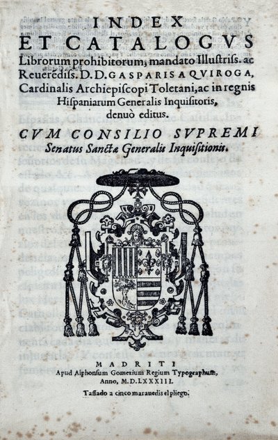 Frontespizio di "Index e catalogus librorum prohibitorum", indice dei libri proibiti dall
