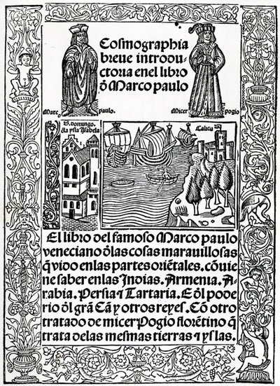 Frontespizio della prima versione castigliana de I viaggi di Marco Polo, tradotta da Rodrigo de Santaella, pubblicata nel 1503 da Spanish School