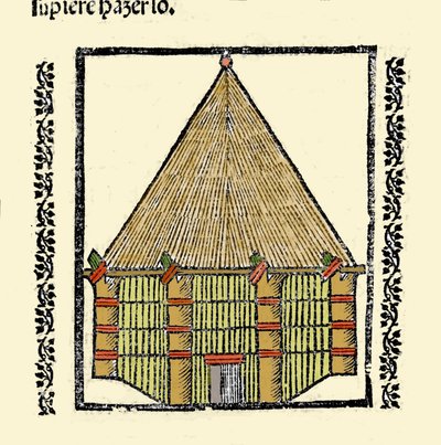 Habitat: descrizione della capanna degli indigeni caraibi. Incisione dal libro 