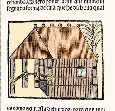 Habitat: descrizione della capanna degli Indios. Incisione dal libro 