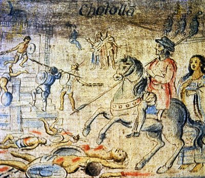 Hernan Cortes cavalca sui morti dopo la battaglia di Cholula con Dona Marina, la sua amante e interprete che cammina dietro da Spanish School