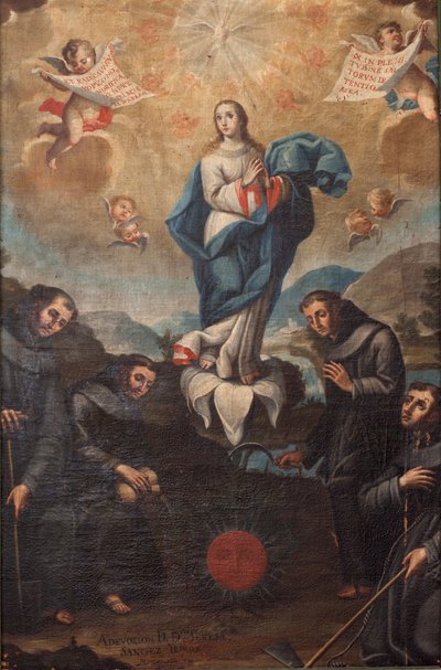 Immacolata Concezione con orticoltori francescani. Origine del coro. Firmato in basso a sinistra "ADEVOZION DE DA TERESA, Sanchez Yepros?". XVIII secolo. Juan Sánchez. da Spanish School