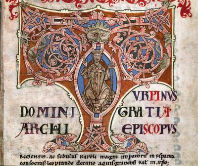 Iniziale T con una rappresentazione di Carlo Magno, illustrazione dal Codex Calixtinus da Spanish School