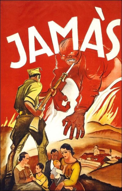 Jamás ("Mai"), poster pubblicato durante la guerra civile spagnola che mostra un soldato che protegge le famiglie spagnole. Tra il 1936 e il 1939 da Spanish School