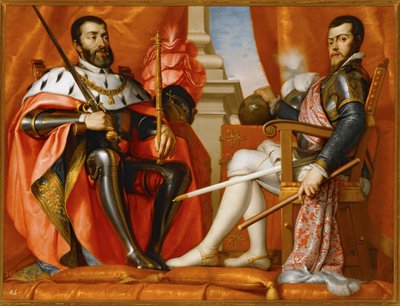 Karl V con il figlio Philipp II ... (dipinto su tela) da Spanish School
