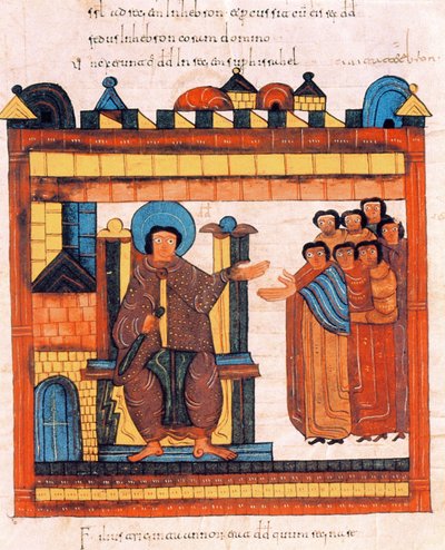 Re Davide seduto sul suo trono e circondato dalla sua corte, dalla Bibbia Visigota-Mozarabica di San Isidoro, fol.126r., A.D. 960 da Spanish School