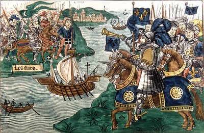 Re Luigi IX e i crociati che arrivano a Cartagine nel 1270 da Spanish School