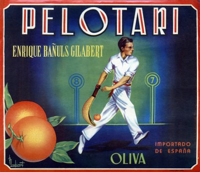 Etichetta per arance “Pelotari” prodotte da Oliva a Valencia, Spagna. Illustrazione di un giocatore di palla basca, XX secolo. da Spanish School