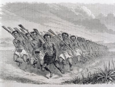 Guerrieri Maori che eseguono una danza di guerra, illustrazione da 