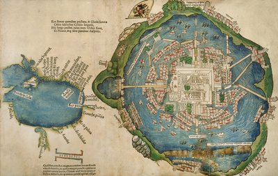 Mappa di Tenochtitlan e del Golfo del Messico, da Praeclara Ferdinadi Cortesii de Nova maris Oceani Hyspania Narratio di Hernando Cortes, 1524 da Spanish School