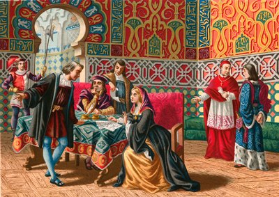 Incontro tra Colombo e Ferdinando e Isabella prima del viaggio di scoperta da Spanish School