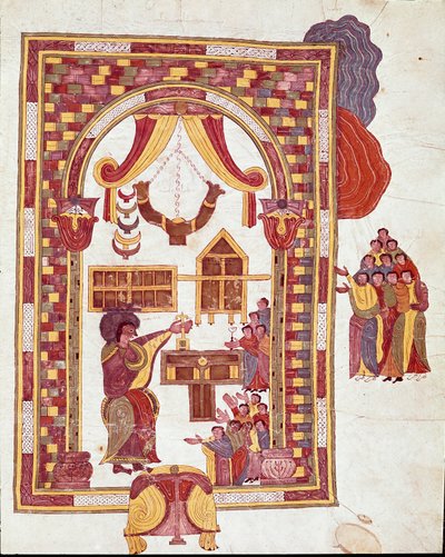 Arte mozarabica: il tempio di Gerusalemme, Aronne è rappresentato come sommo sacerdote davanti a un altare da Spanish School