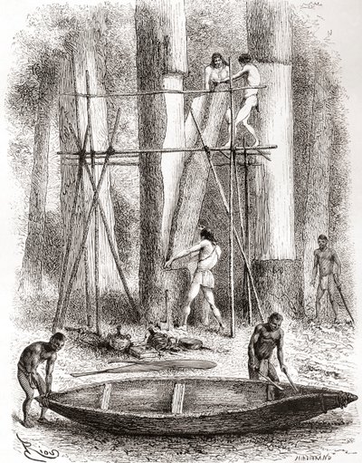Indiani nativi che costruiscono una canoa sulle rive del fiume Oyapock o Oiapoque, Sud America (incisione) da Spanish School