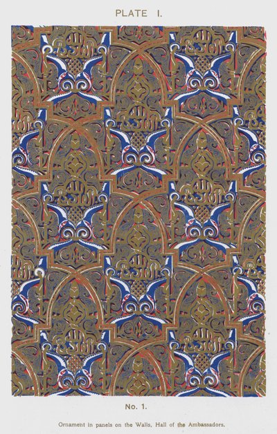Ornamento nei pannelli sulle pareti, Sala degli Ambasciatori (litografia a colori) da Spanish School