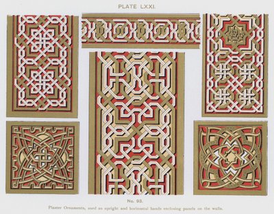 Ornamenti in gesso, usati come bande verticali e orizzontali che racchiudono pannelli sulle pareti da Spanish School