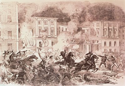 Rivolte popolari a Madrid, i rivoltosi cercano di incendiare il Palazzo della Regina Maria Cristina nel 1854 da Spanish School