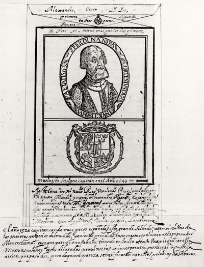 Ritratto di Hernando Cortes (1485-1547) e le sue armi da Spanish School
