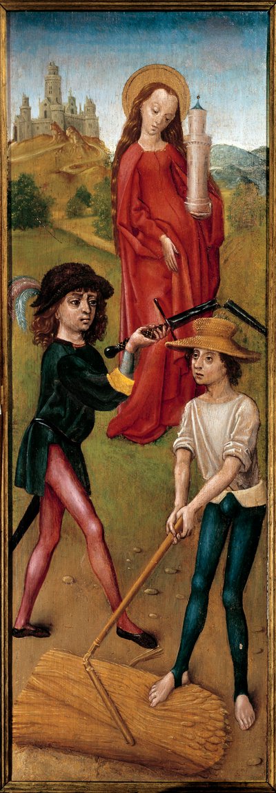 Santa Barbara e due contadini che mietono il grano. Dipinto su legno della scuola spagnola. XV secolo. Parigi, arti decorative da Spanish School