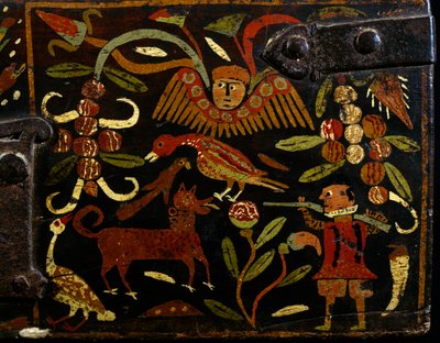 Scena raffigurante cacciatore spagnolo e motivi indiani, dettaglio da baule in legno dipinto, periodo coloniale, origine spagnola, Bolivia da Spanish School