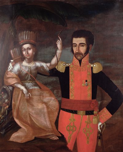 Simon Bolivar (1783-1830) e una donna nativa americana da Spanish School