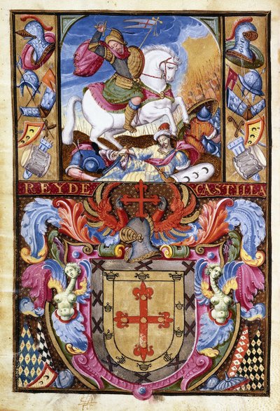 San Giacomo su un cavallo bianco che cavalca sui cadaveri dei Mori e lo stemma della famiglia Gomez, 1606 da Spanish School