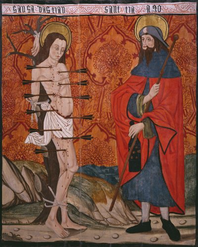 San Sebastiano e San Giacomo il Maggiore, pannello dalla Chiesa di San Andres di Tortura, fine 15° secolo-inizio 16° secolo da Spanish School
