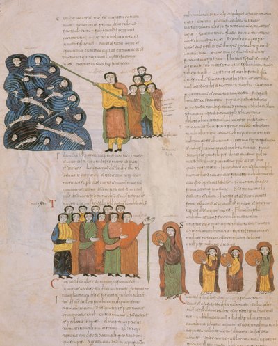 Il passaggio del Mar Rosso e la danza delle donne ebree al suono dei tamburelli di Mosè e dei suoi accompagnatori, dalla Bibbia Visigota-Mozarabica di San Isidoro, fol.39., A.D. 960 da Spanish School