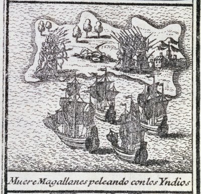 La morte di Magellano in una battaglia con gli indiani da Spanish School