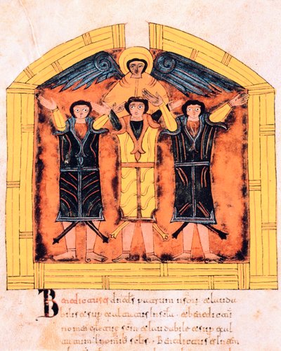 I tre ebrei, Shadrach, Meshach e Abed-nego gettati nella fornace da Nabucodonosor, fol.318v, dalla Bibbia visigotico-mozarabica di San Isidoro, A.D. 960 da Spanish School
