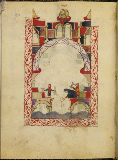 Tre donne che immergono vasi in una piscina. Manoscritto illuminato di una Haggadah ispano-moresca da Spanish School