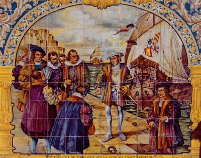 Piastrelle raffiguranti il re Carlo I di Spagna che si prepara a imbarcarsi nel 1520 dal porto di La Coruna per accettare la sua elezione a Sacro Romano Imperatore da Spanish School