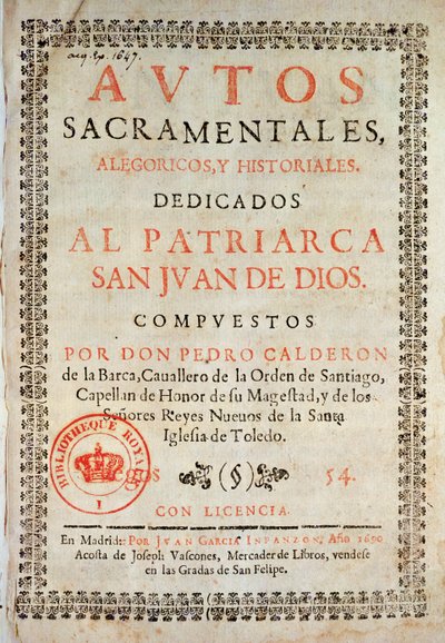 Pagina del titolo da Los Autos Sacramentales di Pedro Calderon de la Barca (1600-81) a cura di Juan Garcia Infanzon, 1690 da Spanish School