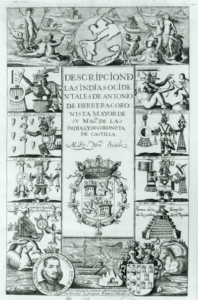 Pagina del titolo di Descrizione delle Indie Occidentali di Antonio de Herrera y Tordesillas, edizione di Madrid, 1725 da Spanish School