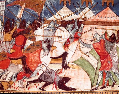 Guerra di Troia: i Troiani invadono il campo militare dei guerrieri greci. Dettaglio di una miniatura dal manoscritto spagnolo 