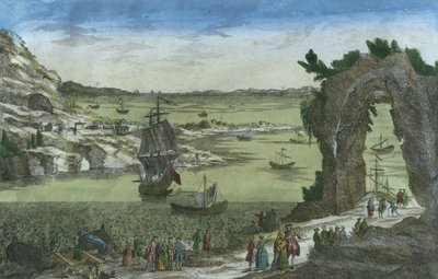 Veduta dello sbarco francese per stabilire la nuova colonia nel porto di Nuova Caienna, Guyana francese, 1762 da Spanish School